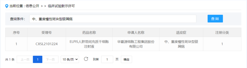 △ 国家药监局官网：华夏源“ELPIS人脐带间充质干细胞注射”IND申请受理公示